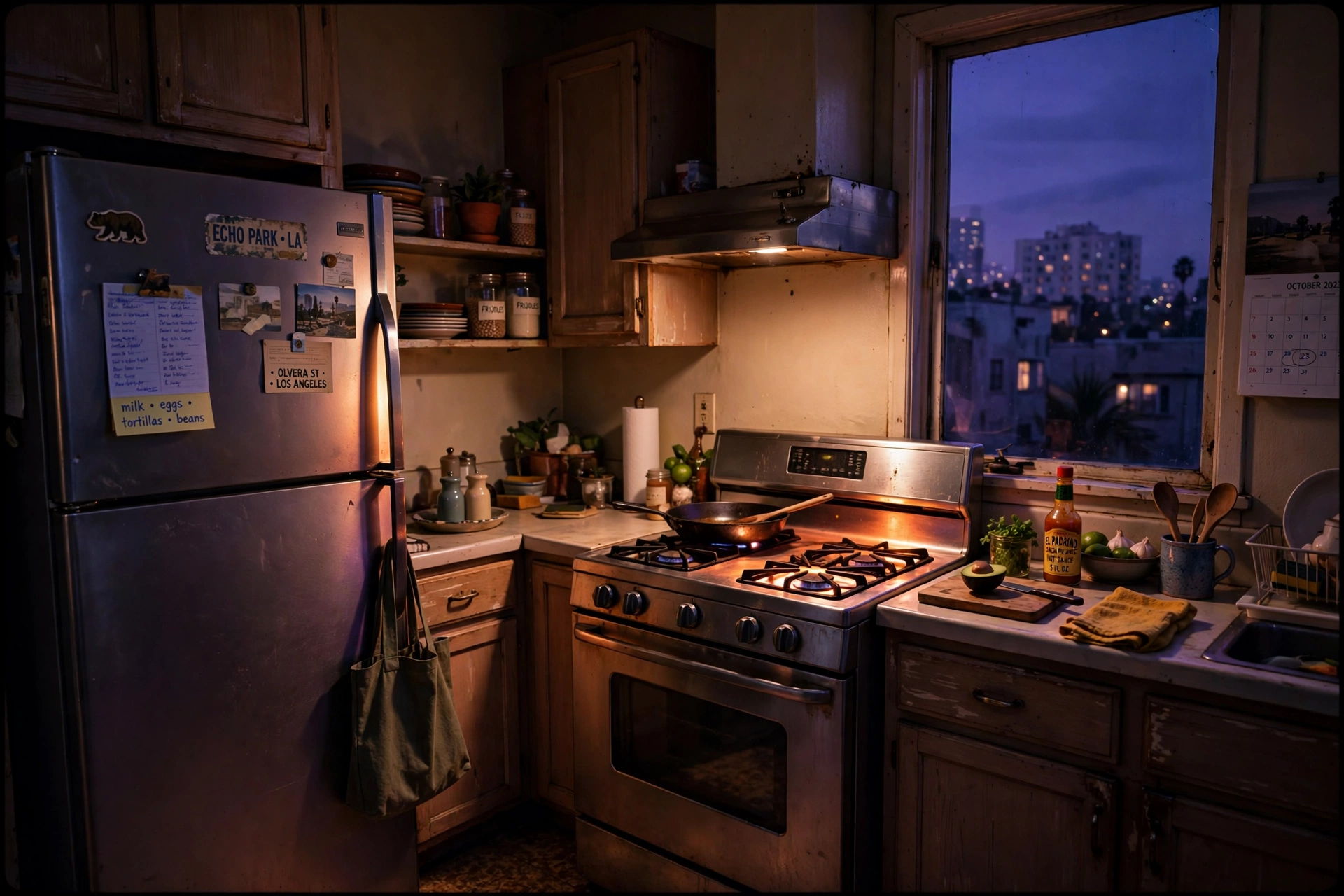A Los Angeles kitchen at dusk, appliances glowing warm
