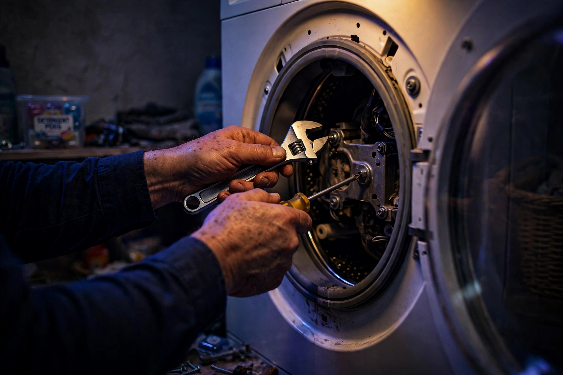 A technician's hands with a wrench and screwdriver at a washing machine